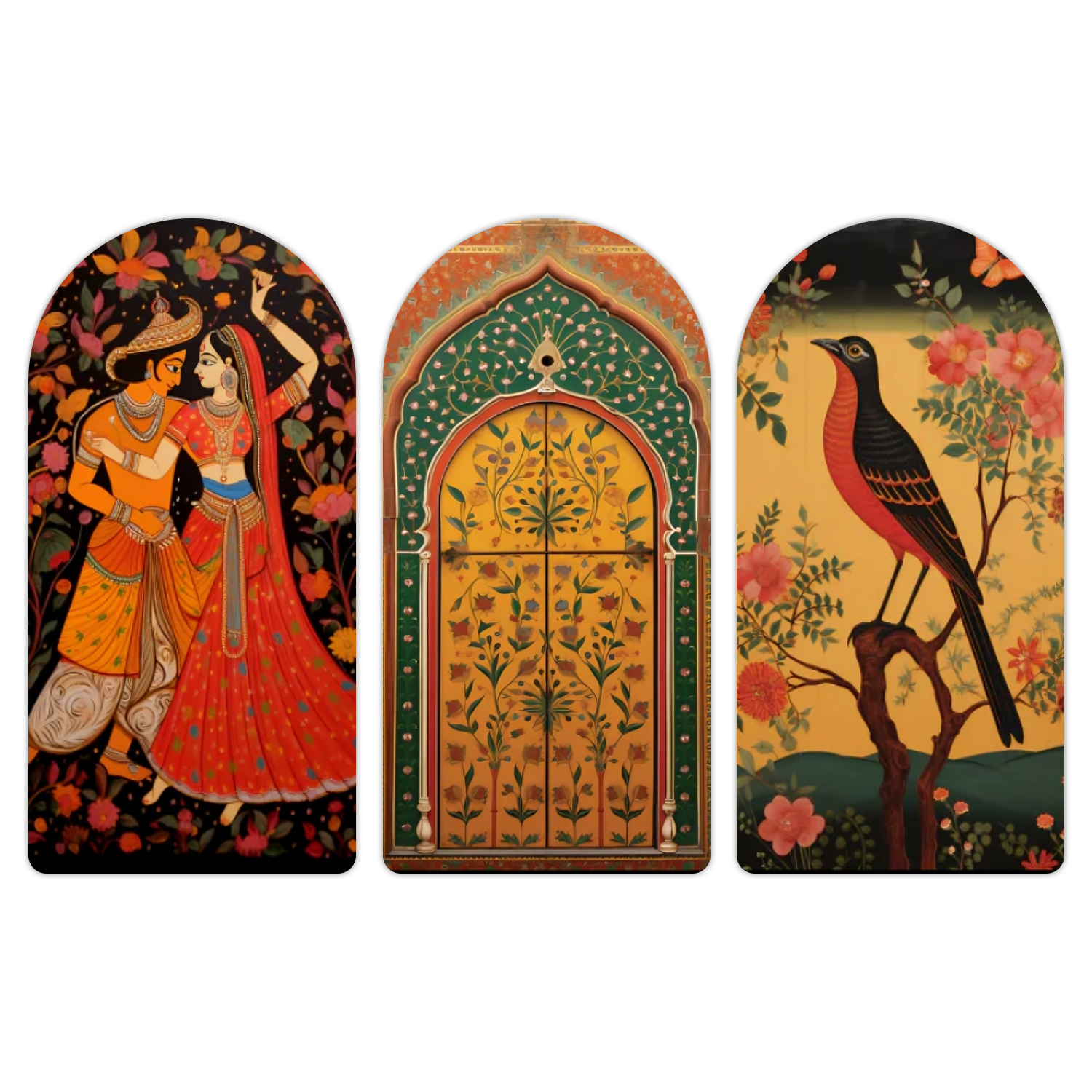 Traditional Rajasthani Couple Pichwai Wood Print Wall Art Set of 3 Decor
