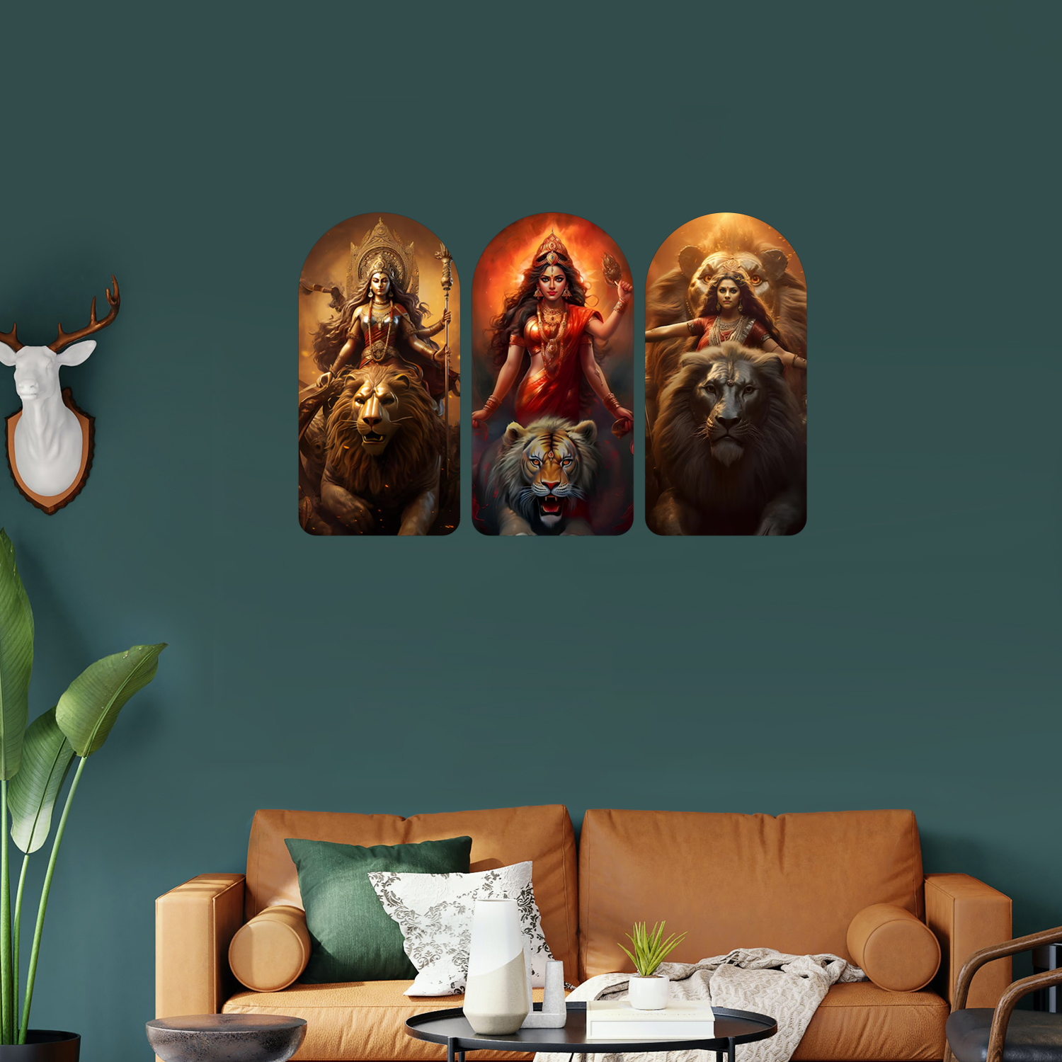 Goddess Of Strength Durga Maa Wooden Plank Set of 3 Décor