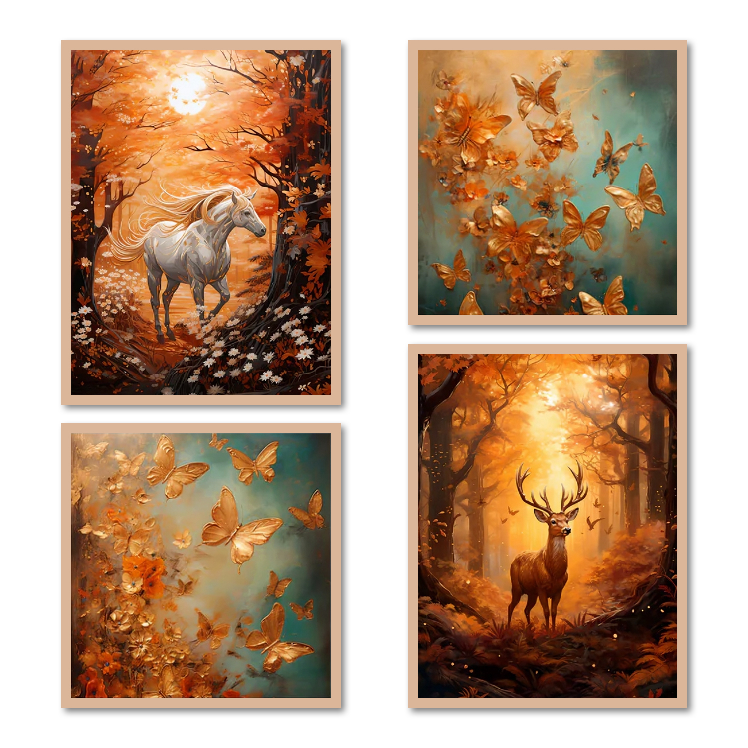 Enchanting Blue And Golden Landscape  Wooden Photo Frames for Wall Decoration for Living room, Set of 4