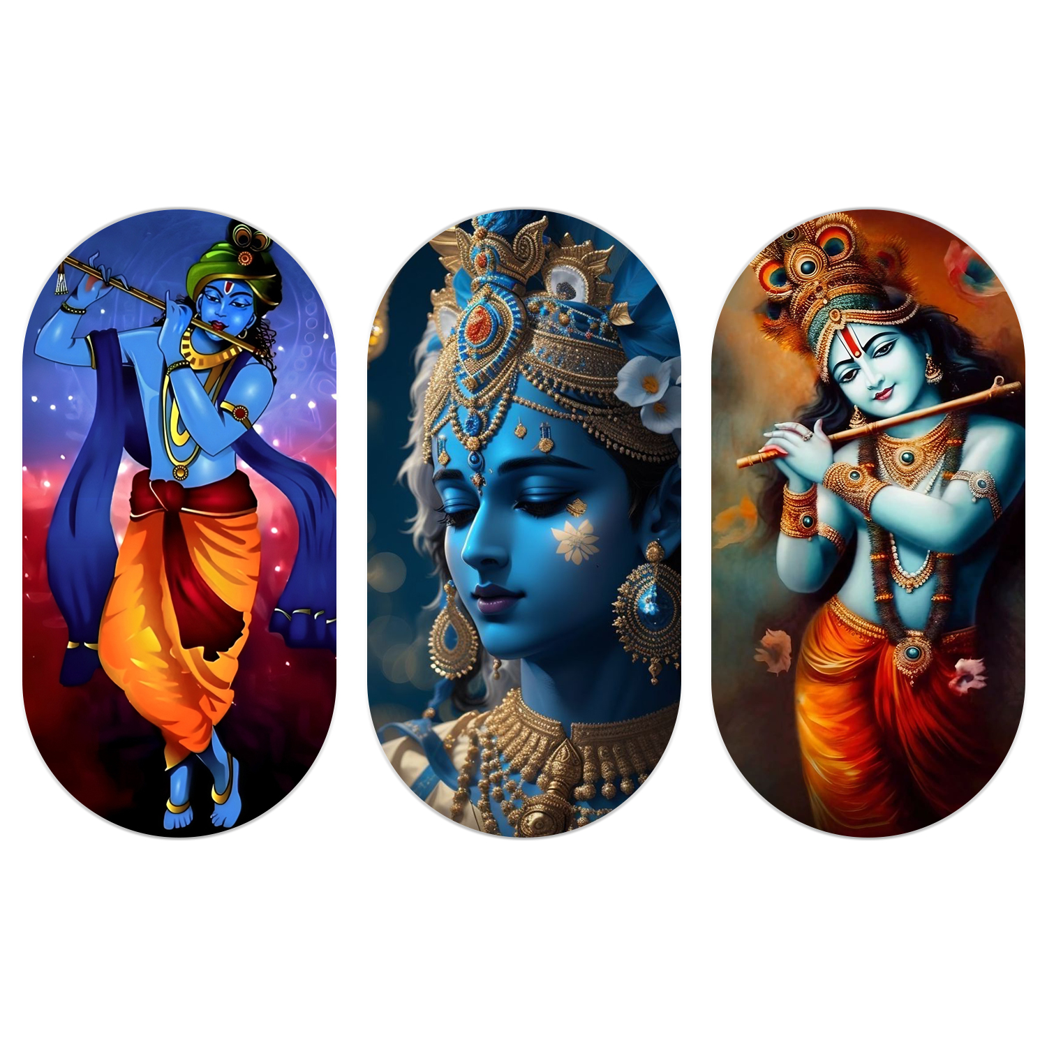 "Shree Krishna" Picture in Blue Color Wooden Plank Set Of 3 Decore