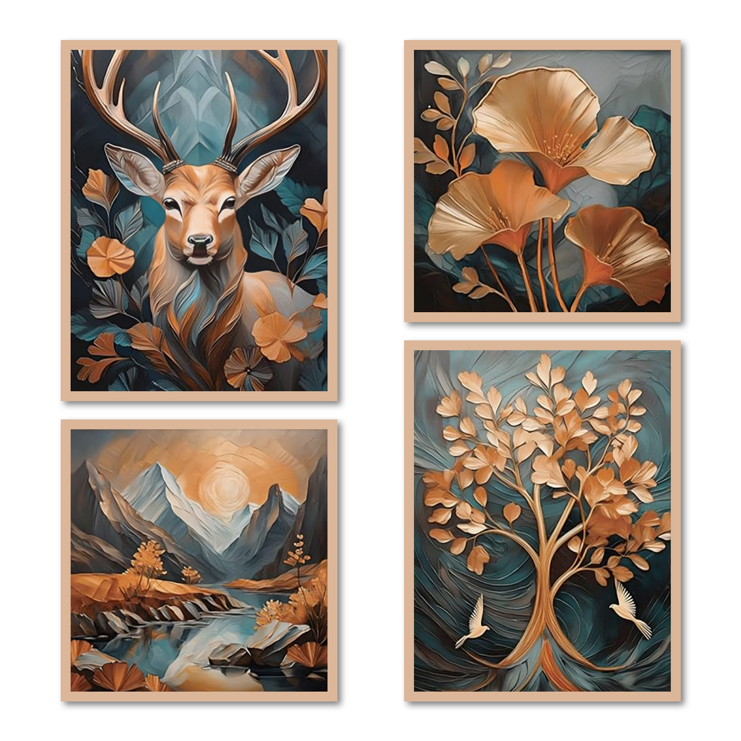 Golden Grace: A Deer's Tale Wooden Photo Frames for Wall Decoration  for Living Room, Set of 4