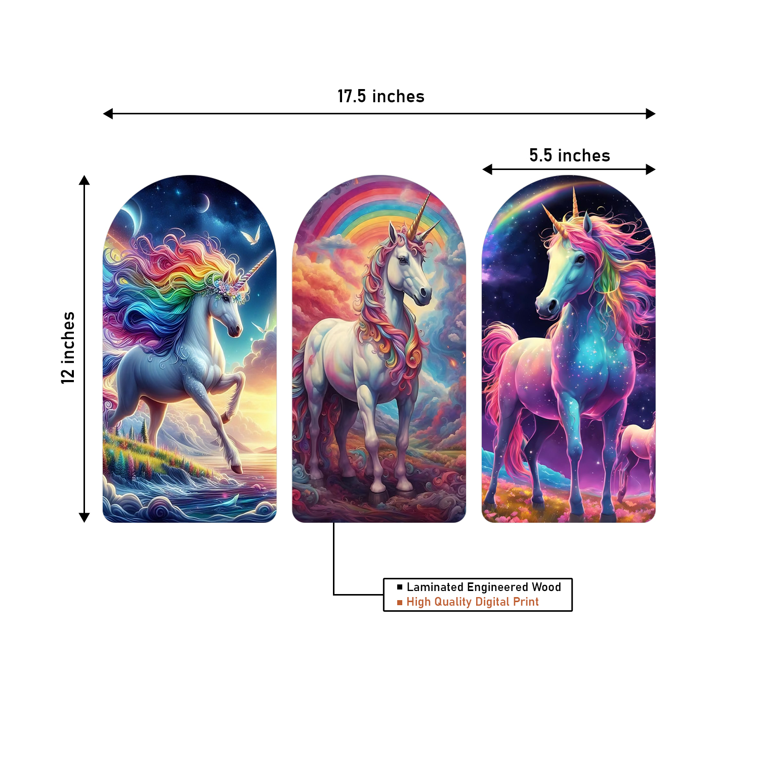 The Magical Journey of the Rainbow Unicom Wooden Plank Set of 3 Décor