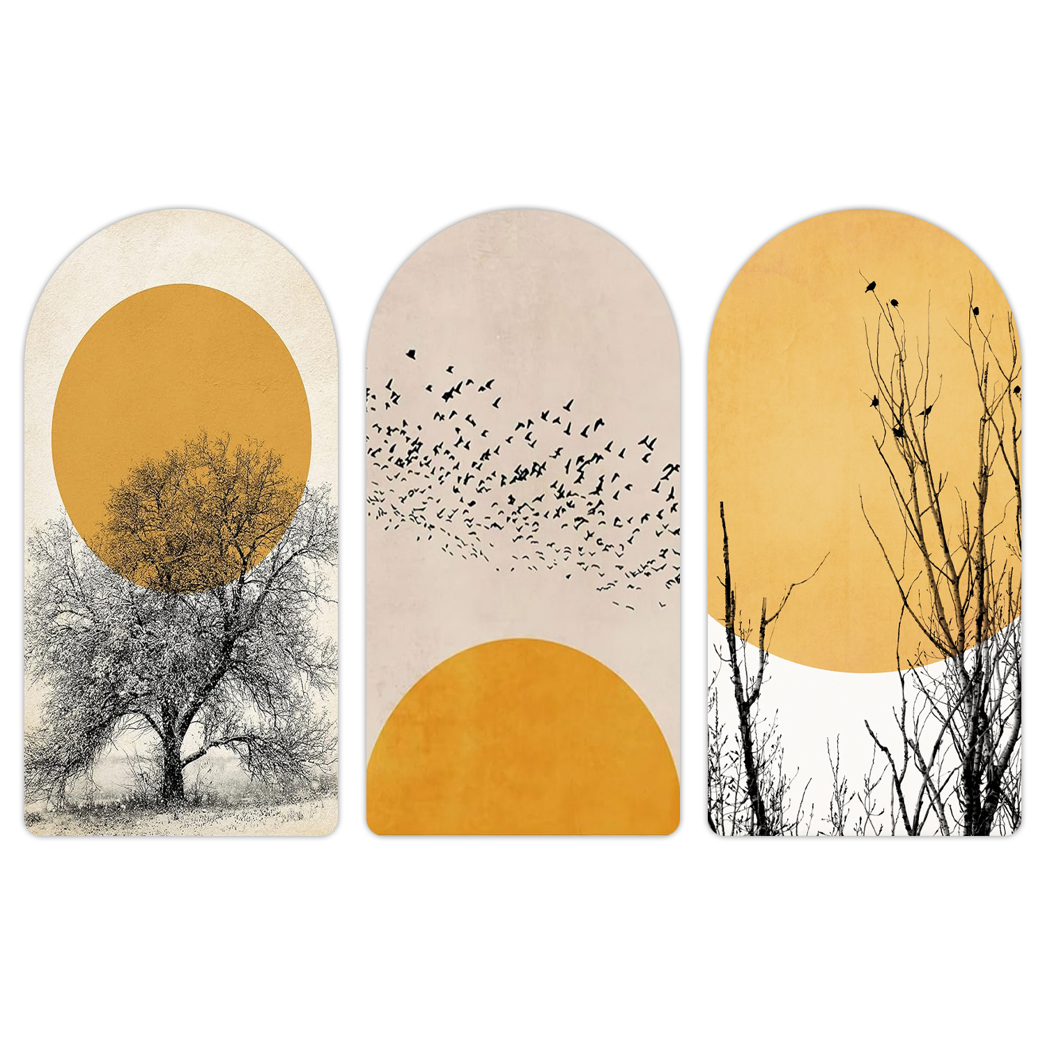 Yellow And Gray Color Landscape Painting Wooden Plank Set Of 3 Decor