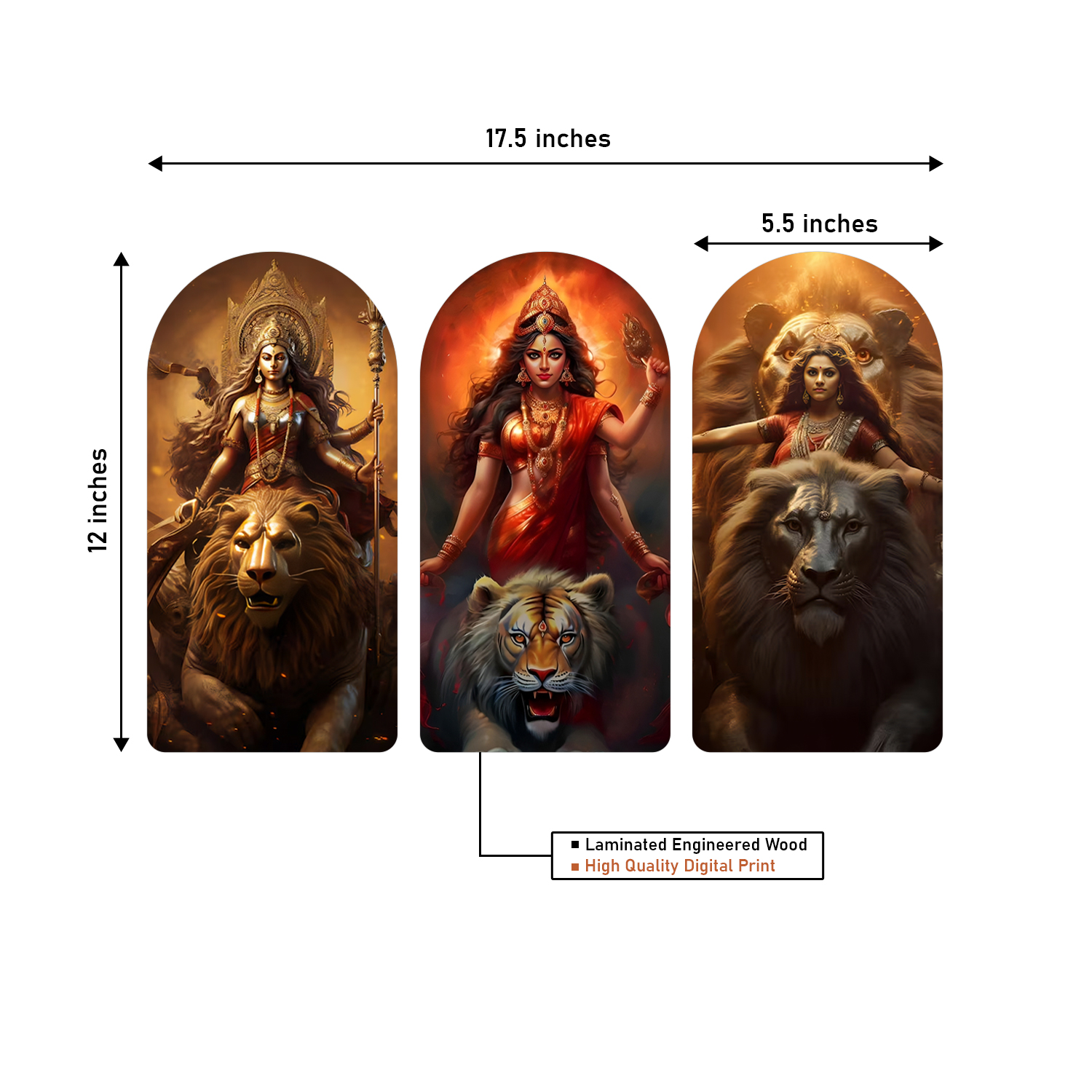 Goddess Of Strength Durga Maa Wooden Plank Set of 3 Décor